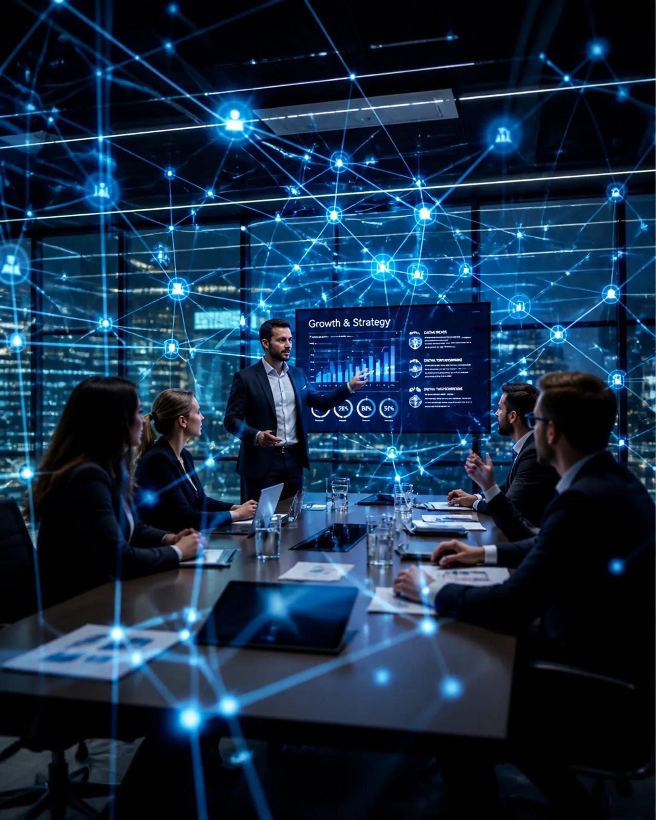 Equipe em reunião estratégica sobre crescimento e tecnologia