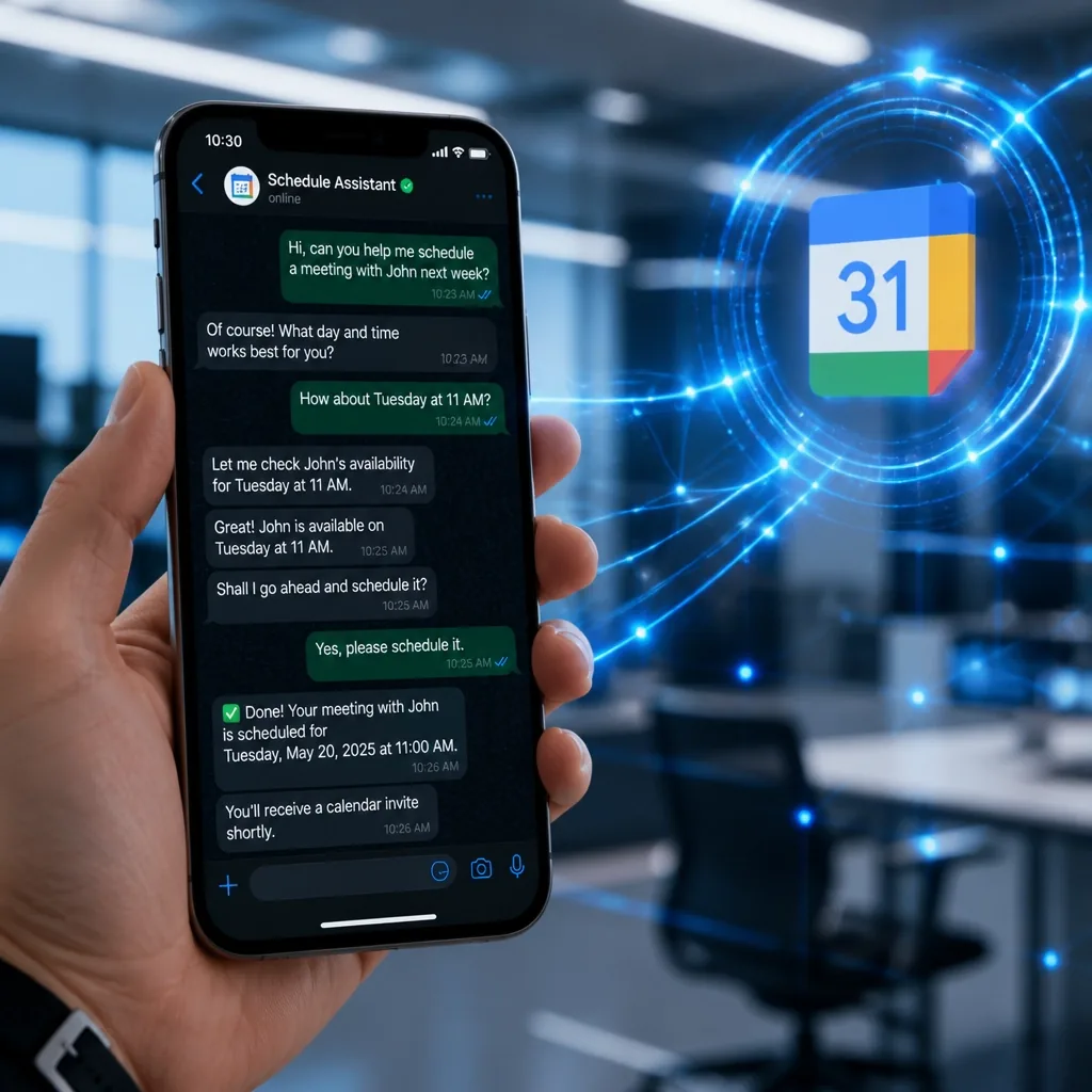 Smartphone mostrando interface de agendamento via WhatsApp com integração digital