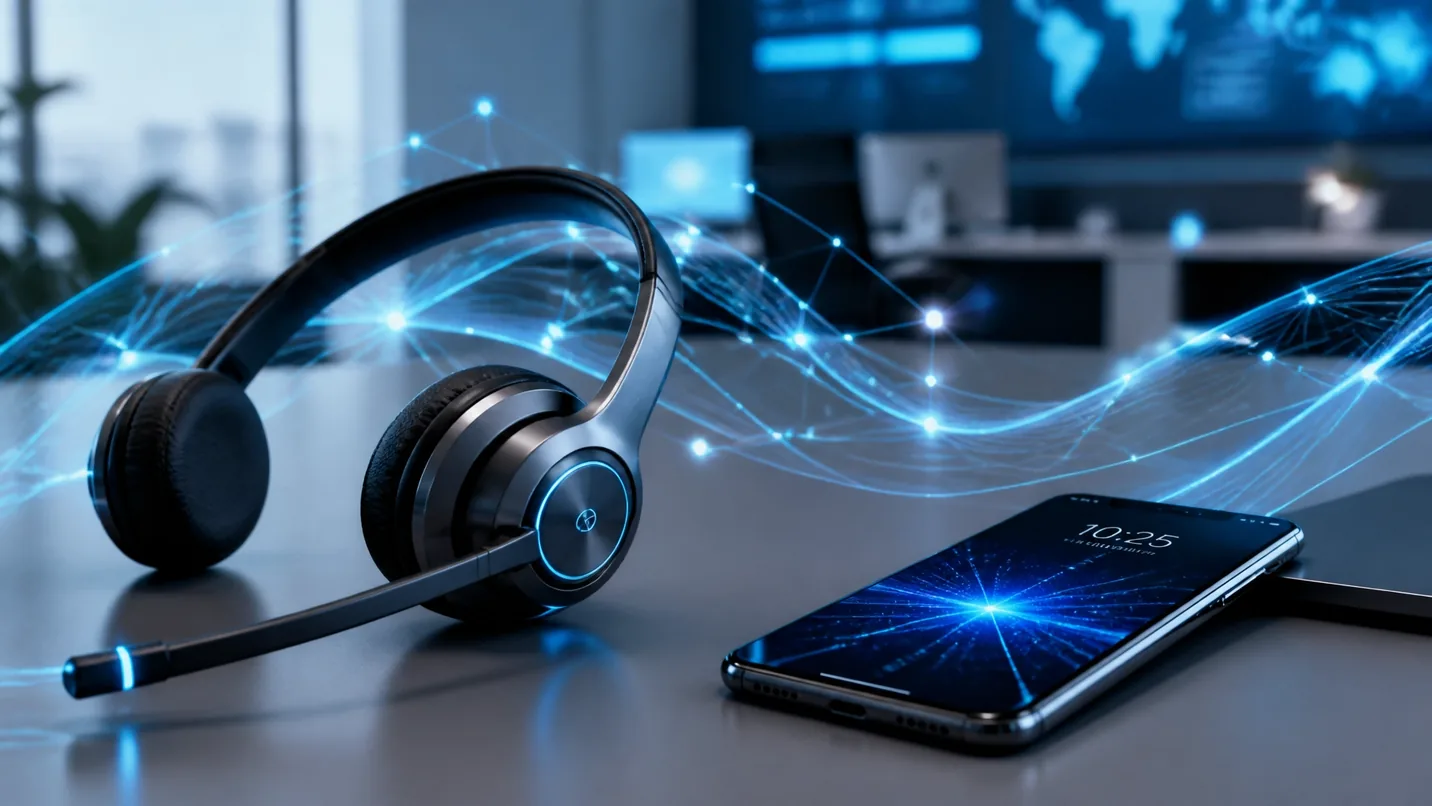 Smartphone e headset de atendimento sobre uma mesa de trabalho