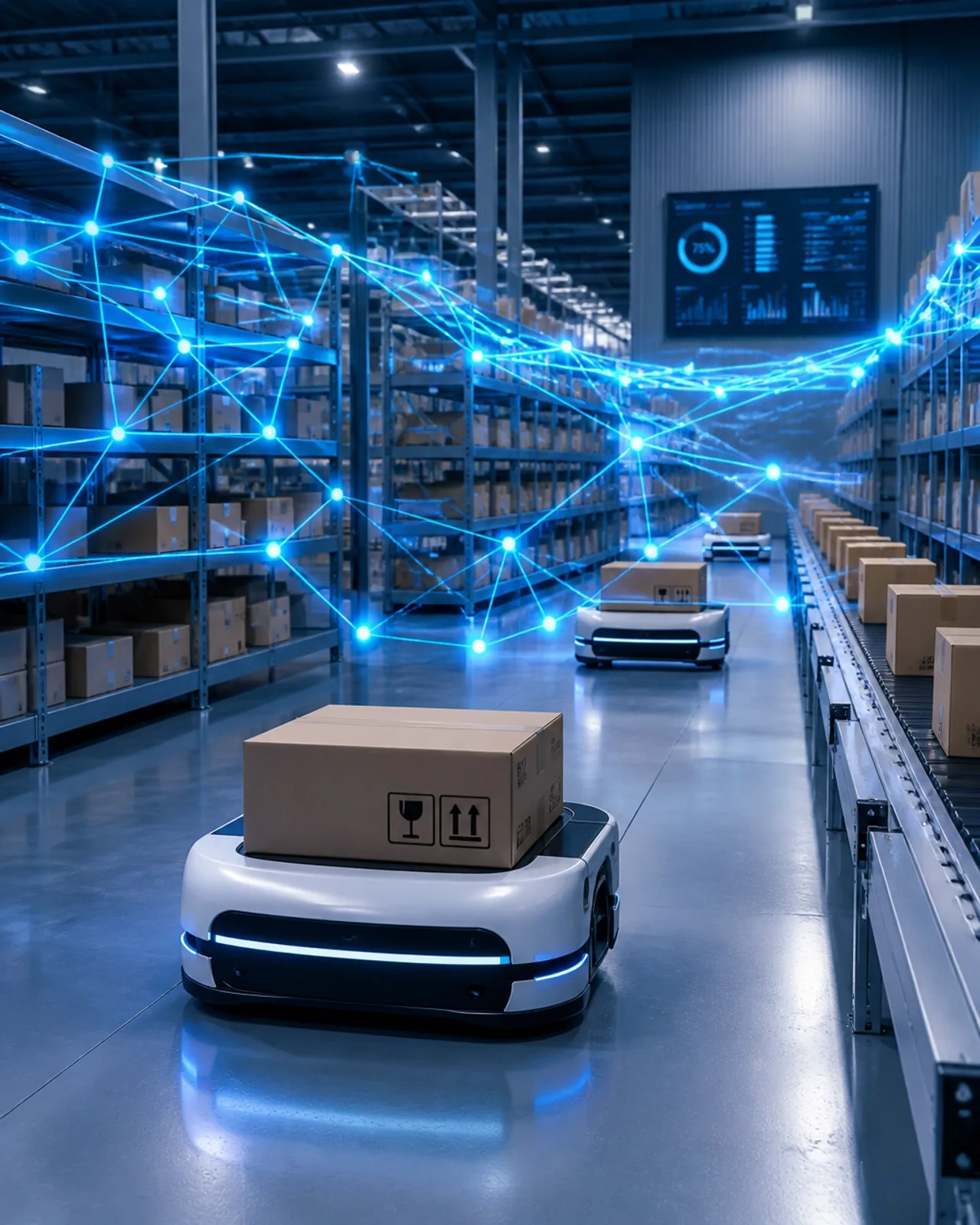 Logística e e-commerce moderno com rede digital azul simbolizando automação