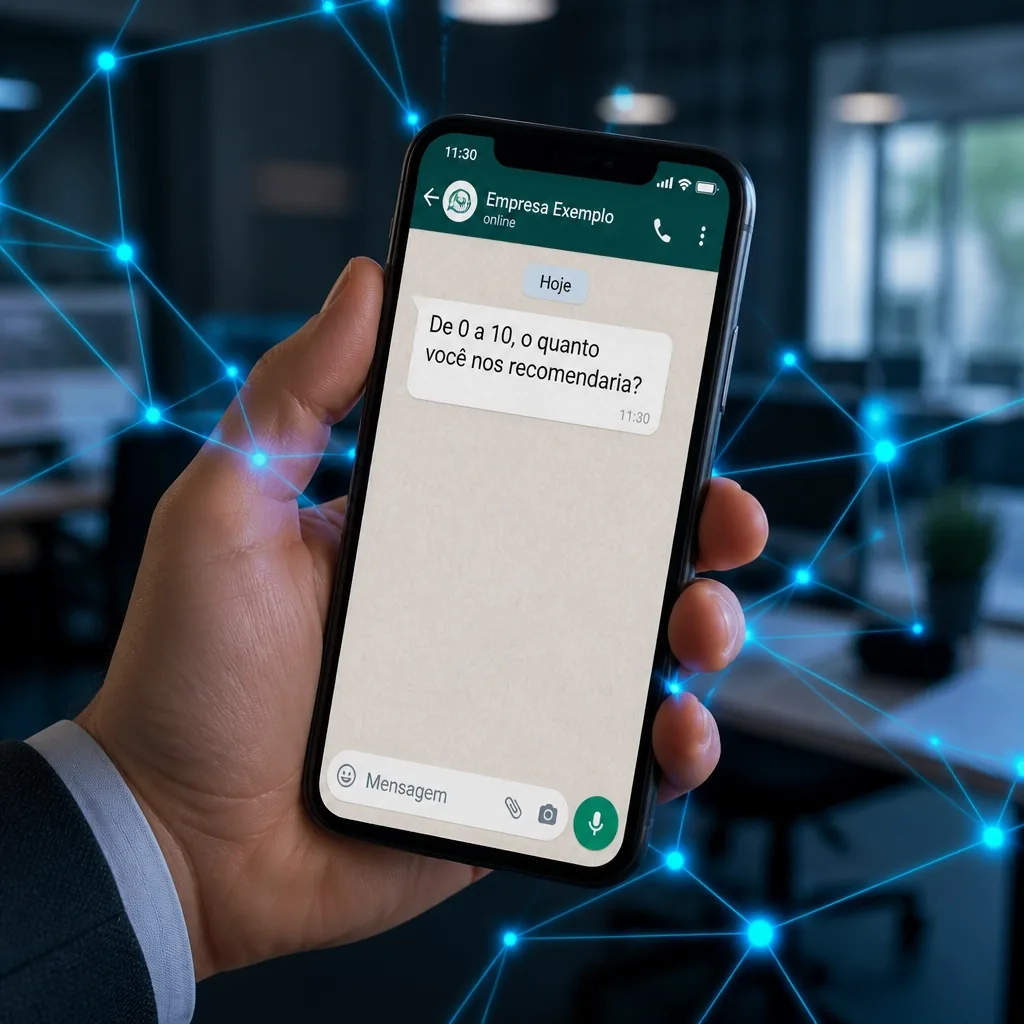 Mão segurando smartphone mostrando uma pesquisa de satisfação NPS no WhatsApp