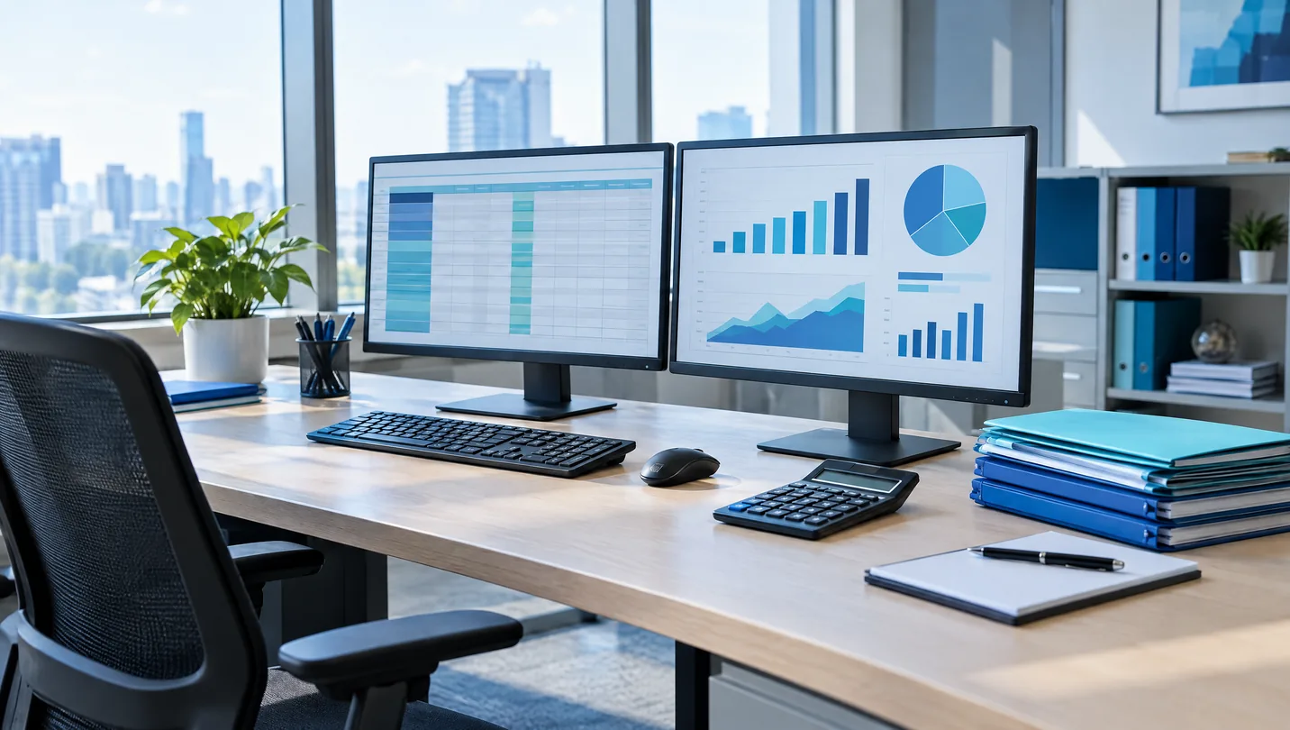 Escritório moderno com foco em tecnologia financeira e análise de dados