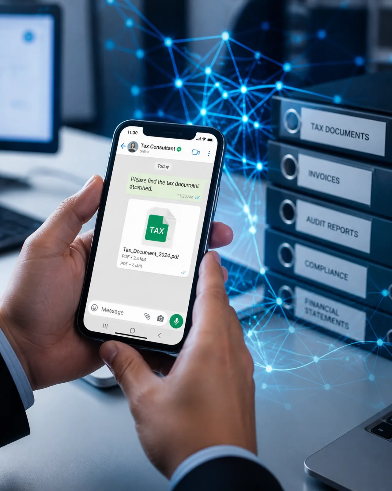Smartphone mostrando notificação de documento contábil com rede digital integrada