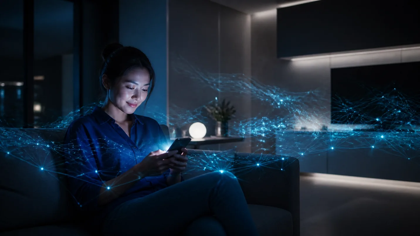 Usuário utilizando atendimento automático via smartphone durante a noite