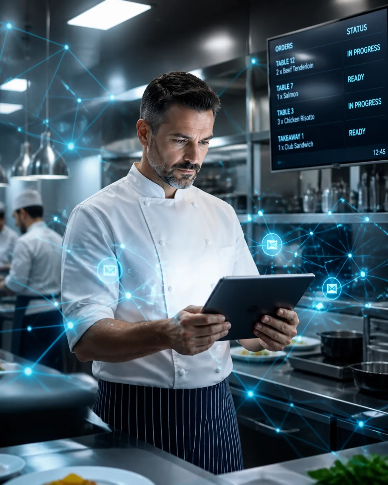 Gestor de restaurante acompanhando pedidos em tempo real via tablet