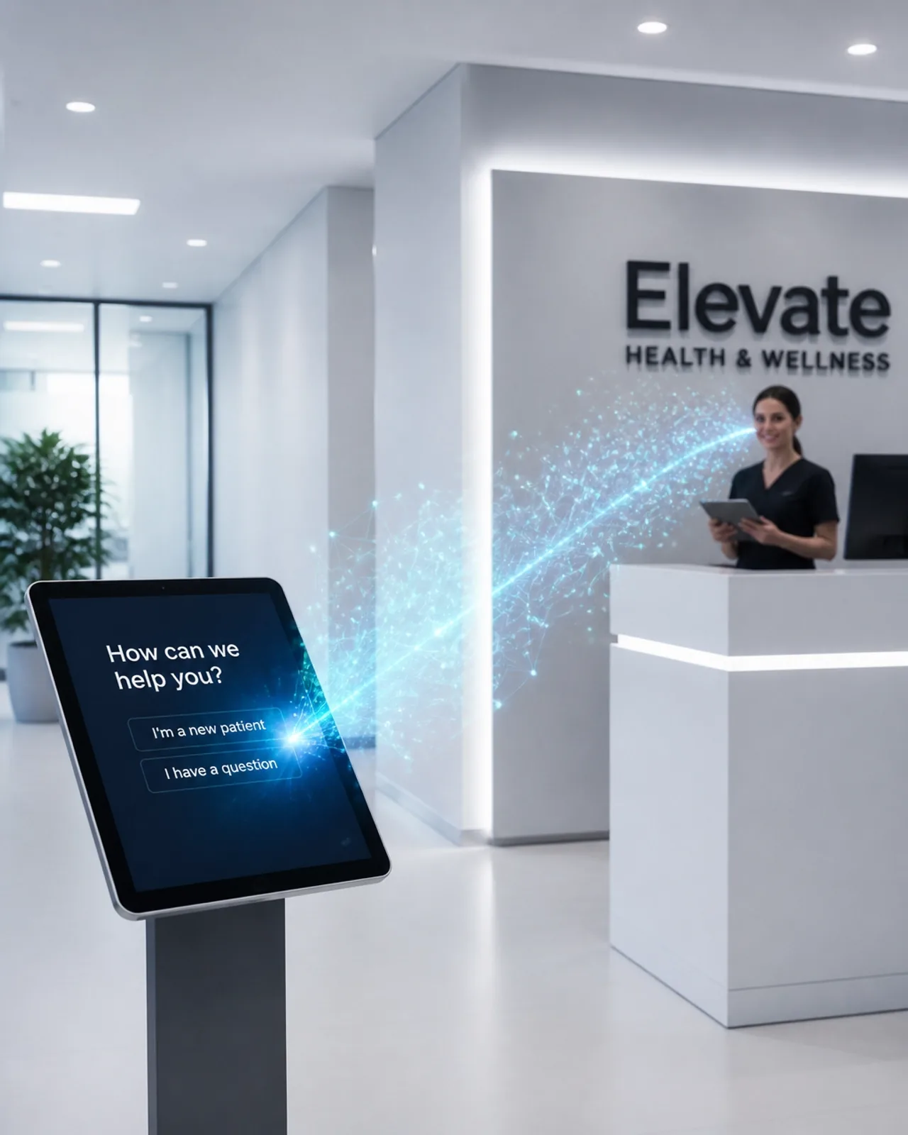 Recepção de empresa moderna com fluxo de dados automatizado simbolizando agilidade no atendimento