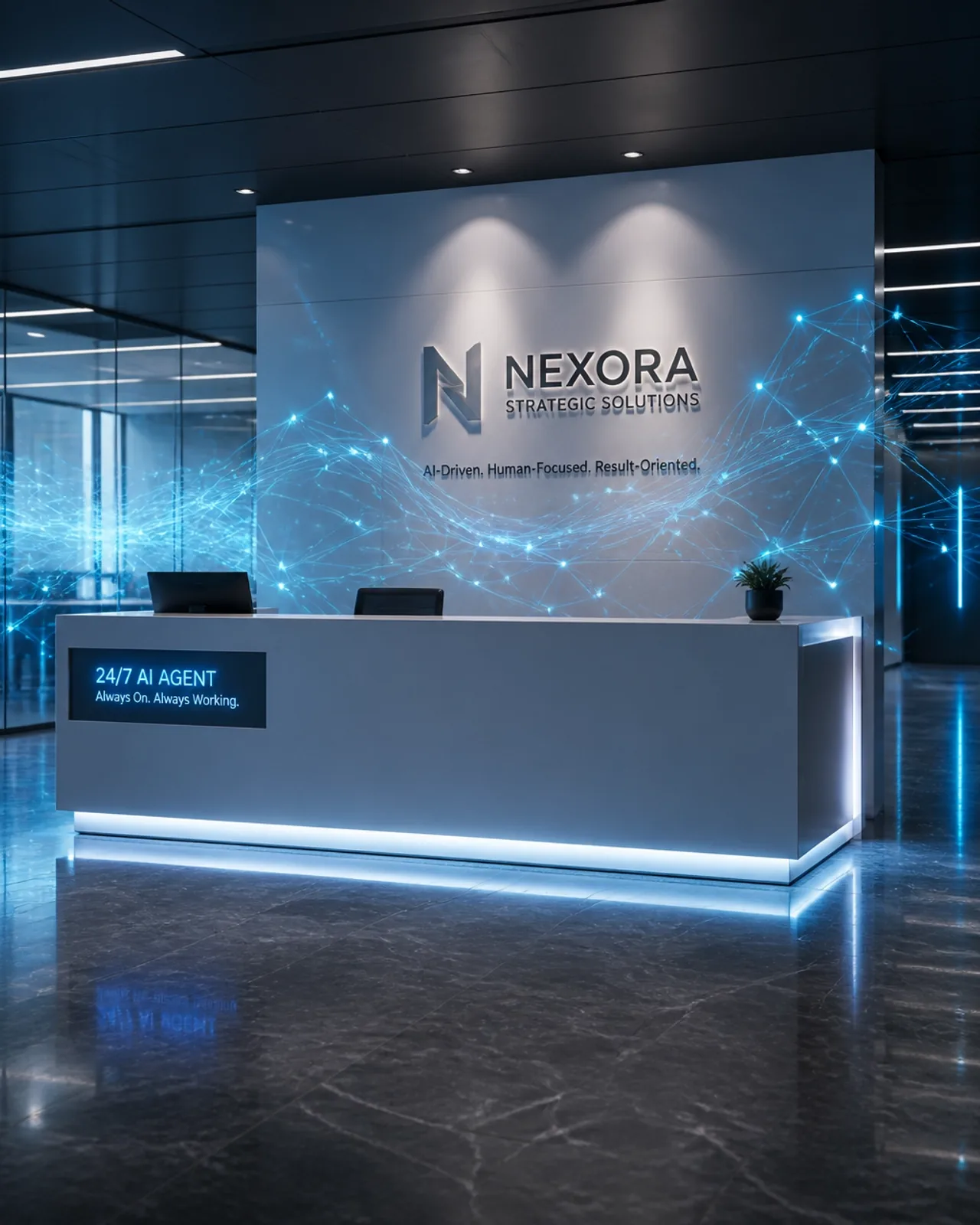 Recepção de escritório contábil moderna operada por inteligência artificial invisível