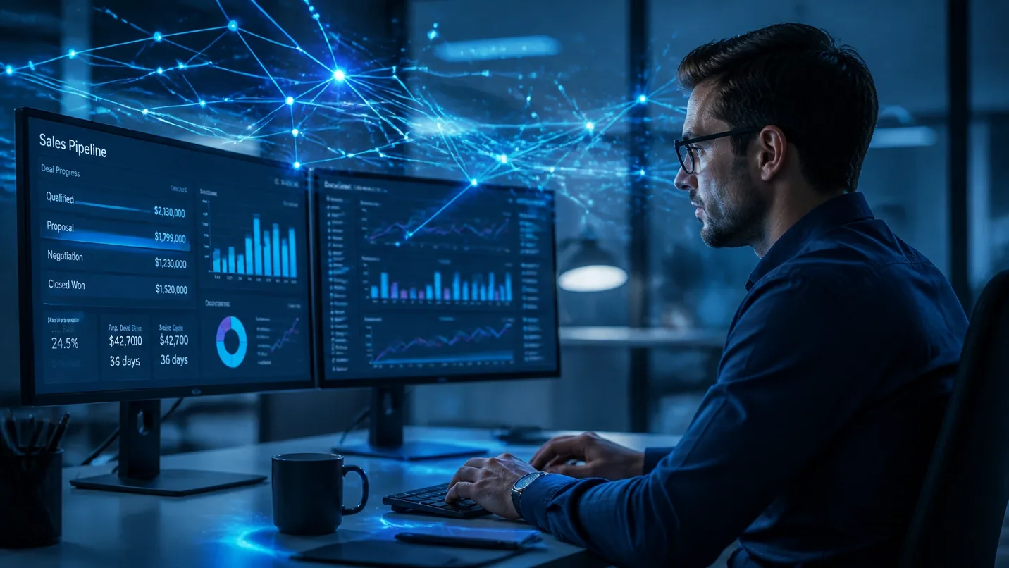 Profissional analisando pipelines e dashboards de vendas com integração de IA