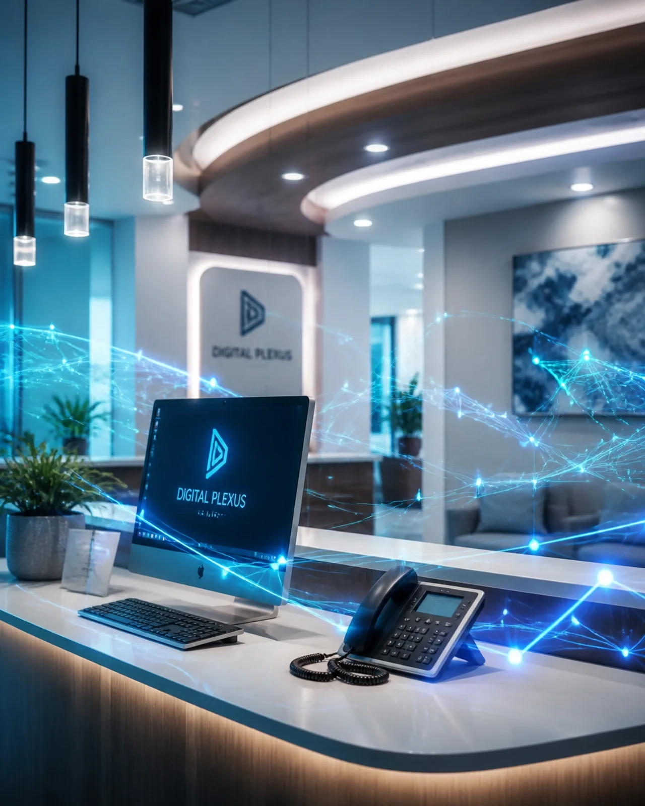 Recepção de uma clínica moderna onde o fluxo digital da IA conecta o atendimento físico ao virtual de forma fluida.