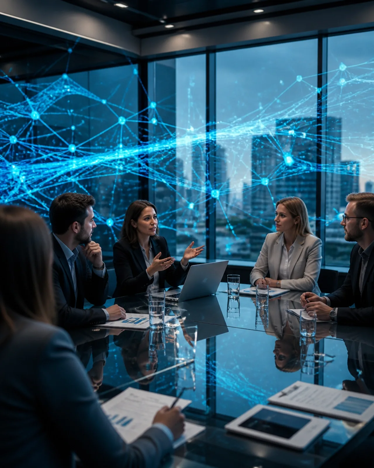 Equipe estratégica discutindo o crescimento da empresa enquanto a camada de IA orquestra o atendimento de fundo.