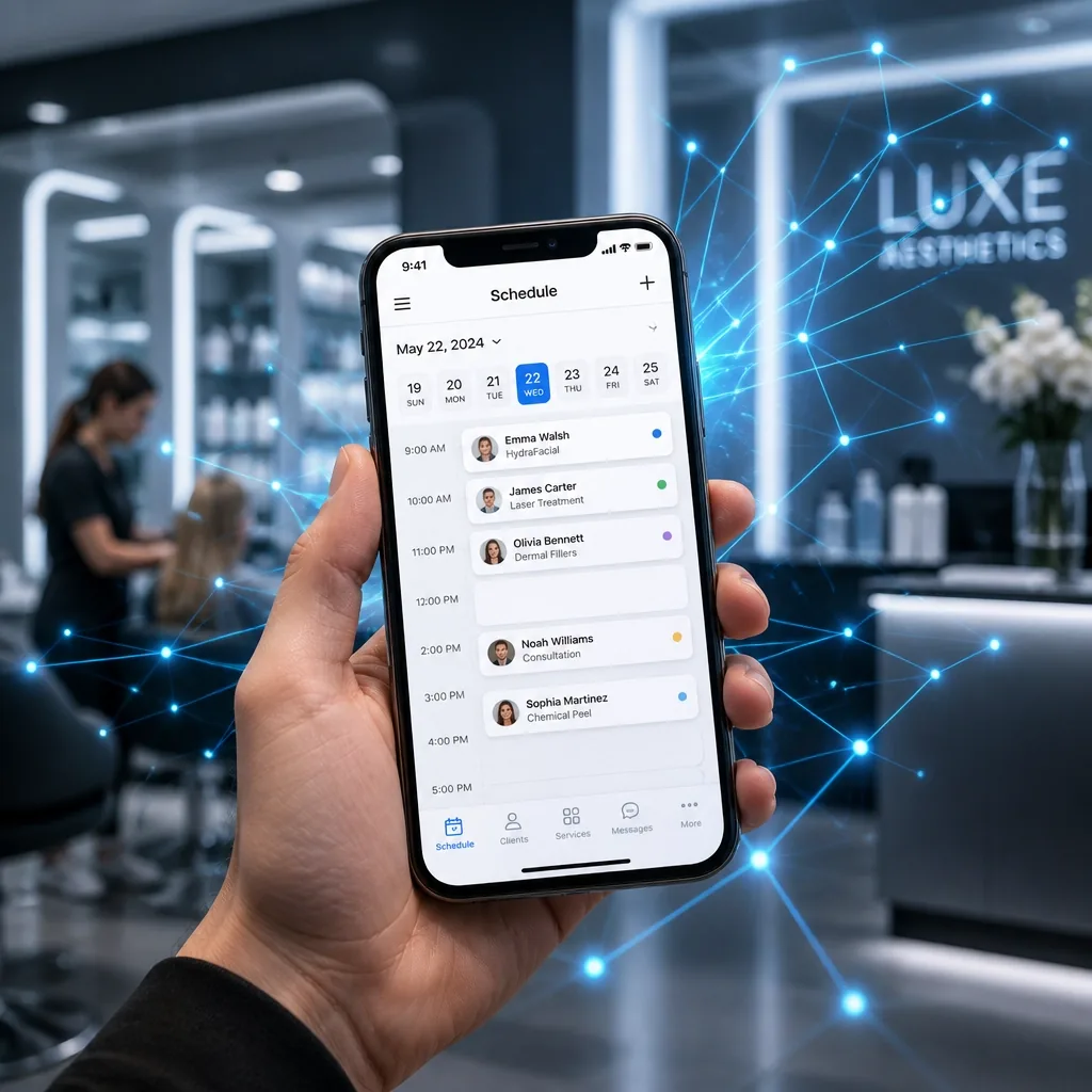 Smartphone exibindo interface de agendamento automático em ambiente de estética