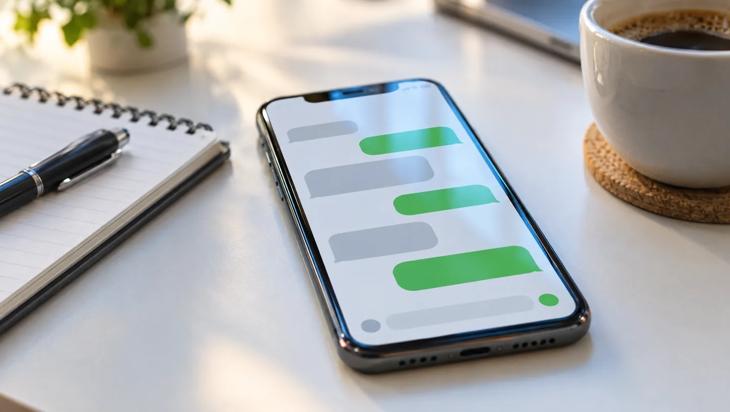 Smartphone sobre uma mesa de escritório com uma conversa de WhatsApp aberta
