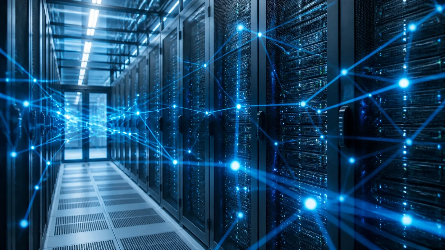 Infraestrutura tecnológica moderna simbolizando segurança e orquestração de dados