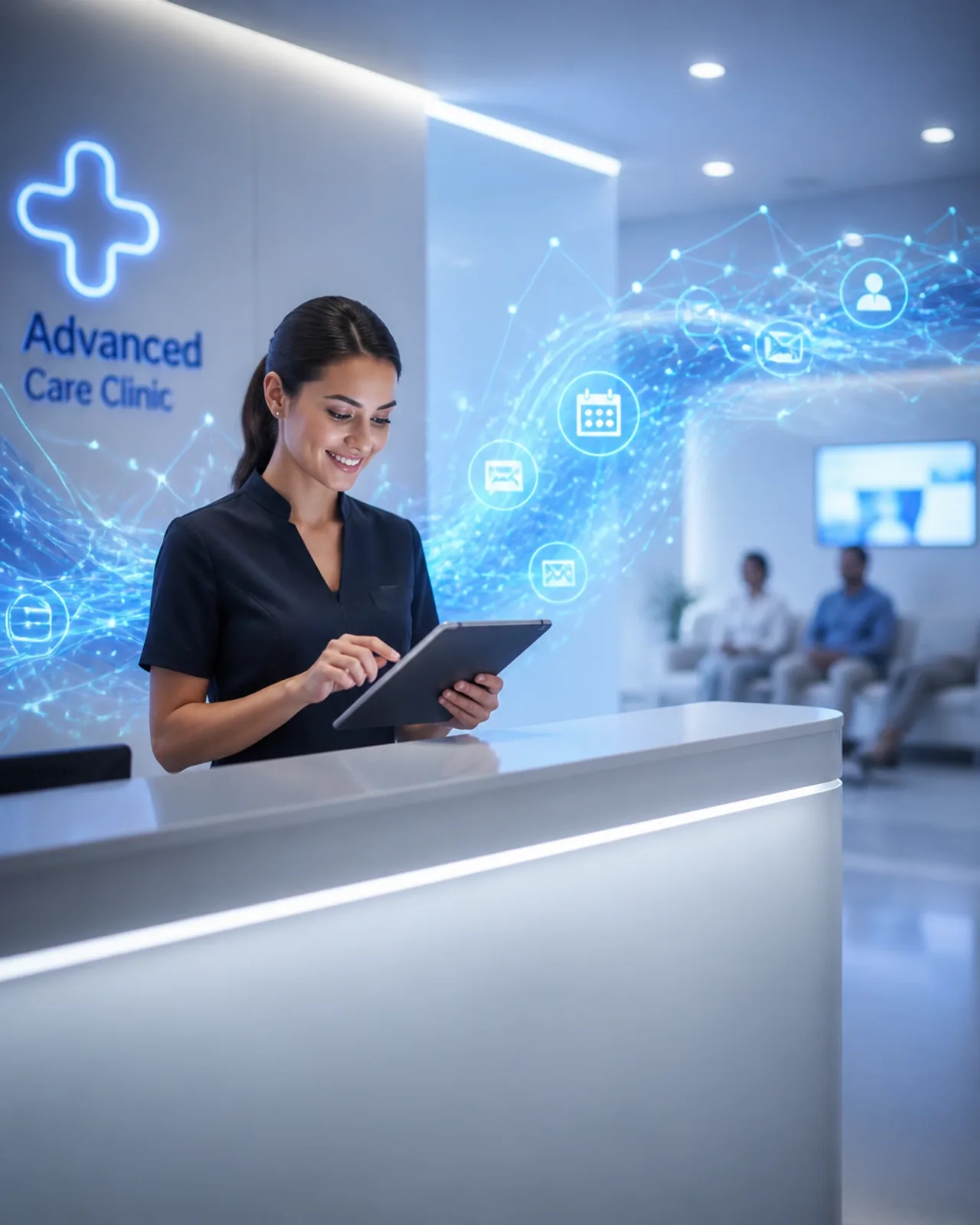 Recepcionista em clínica moderna utilizando automação de agendamento