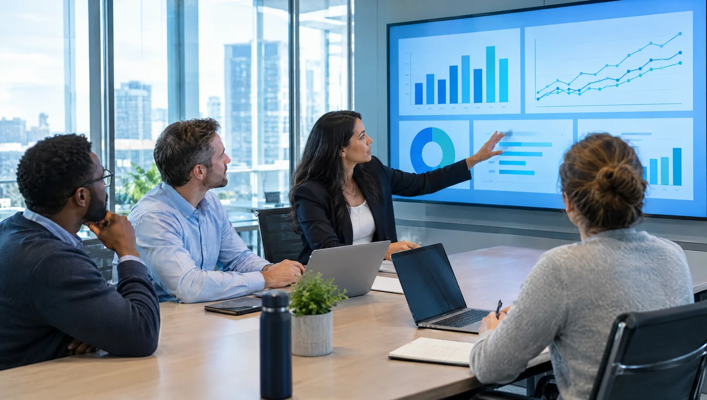 Equipe de sucesso do cliente reunida diante de painéis de dados em tempo real