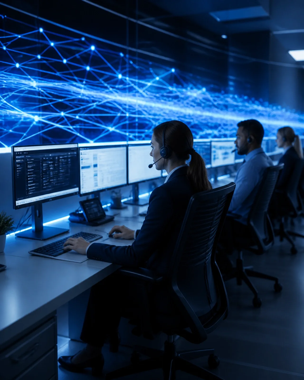 Central de atendimento moderna com monitoramento de IA e humanos