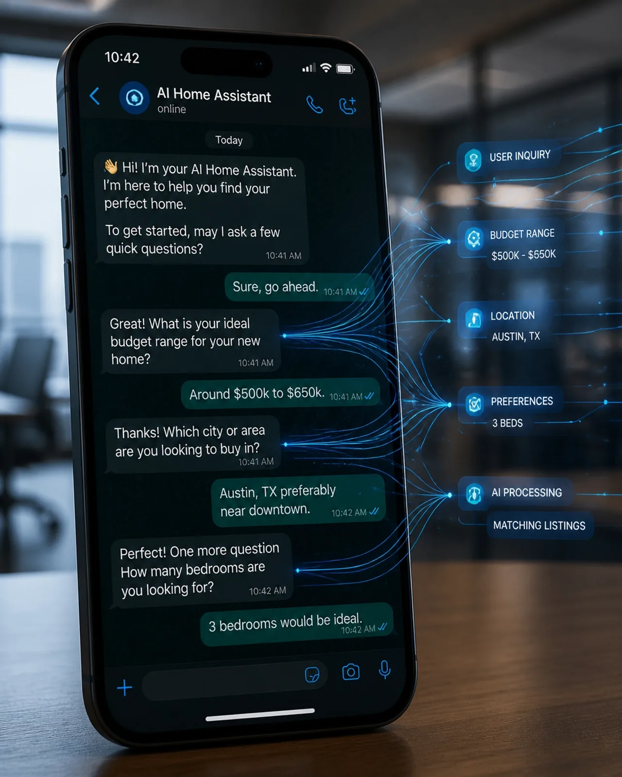 Conversa de qualificação de lead por WhatsApp na tela de um smartphone