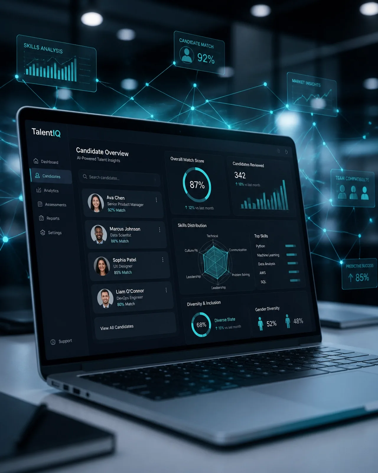 Painel de controle futurista de IA analisando perfis de candidatos com precisão