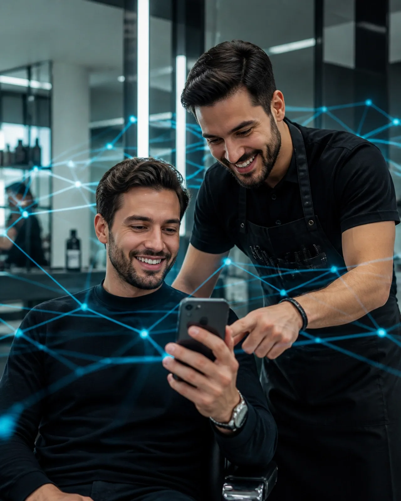 Profissional e cliente satisfeitos usando tecnologia de agendamento no salão