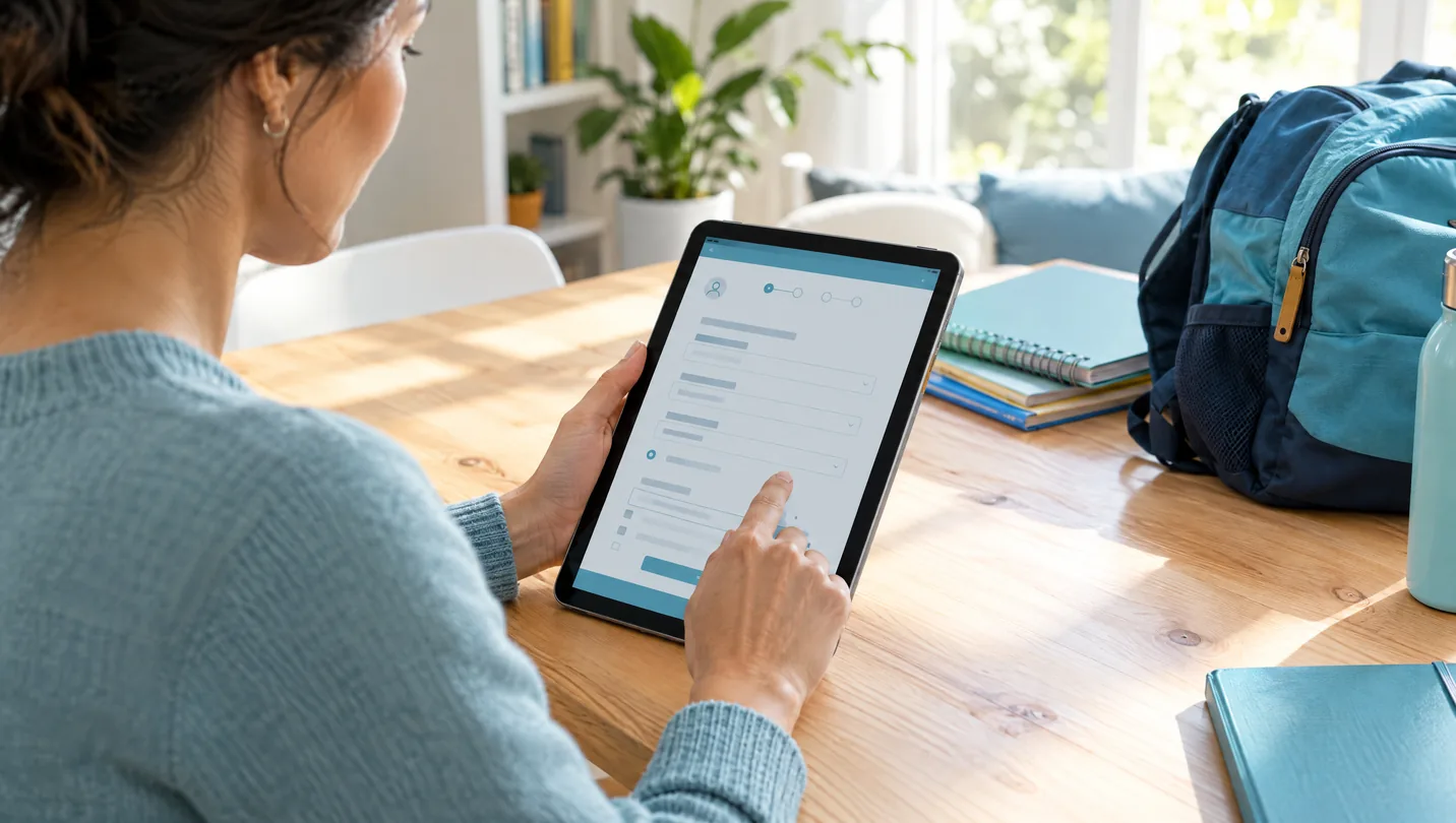 Pessoa utilizando tablet para realizar matrícula digital com rede de conexões tecnológicas